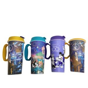 DISNEY WORLD 50 & 100 Years of Wonder Tumbler Travel Coffee Mug Cup Lid Set of 4